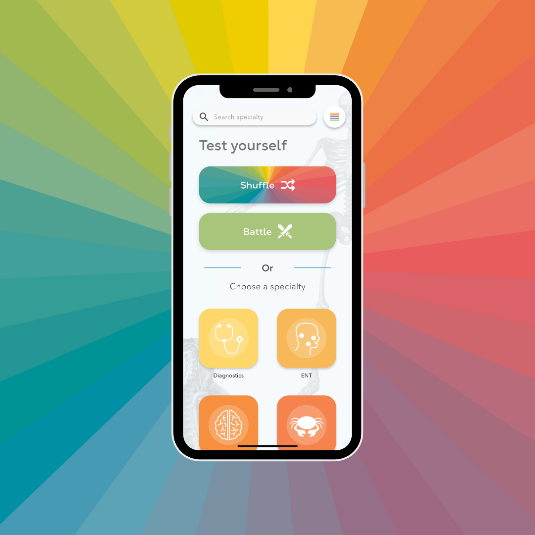 Medical education app homescreen with different specialties