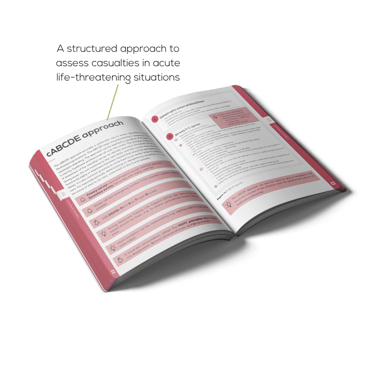 Open First Aid book with a structured approach to assess casualties in acute life-threatening situations