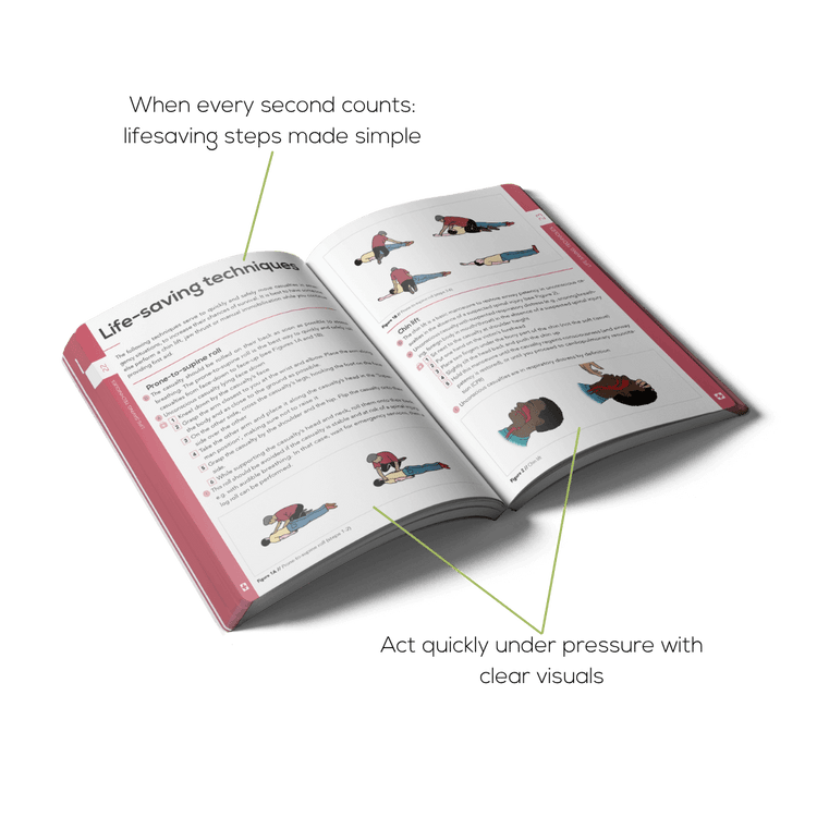 Open First Aid book with clear visuals to make lifesaving steps simple