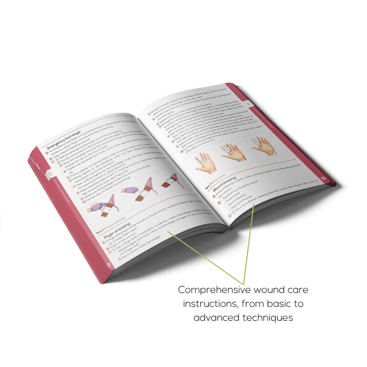 Open First Aid book with wound care instructions, from basic to advanced techniques