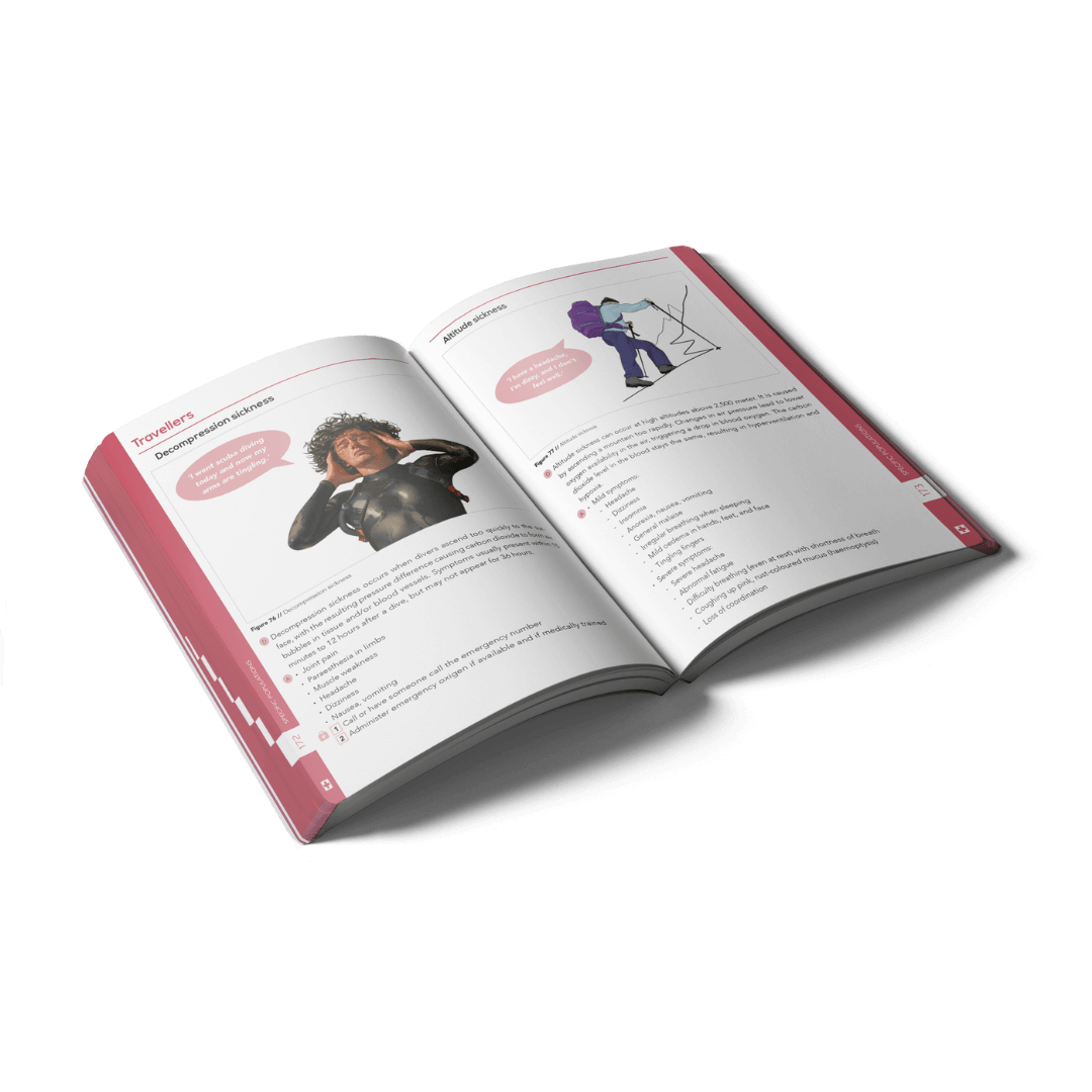 Open First Aid book with a clear layout and illustrations