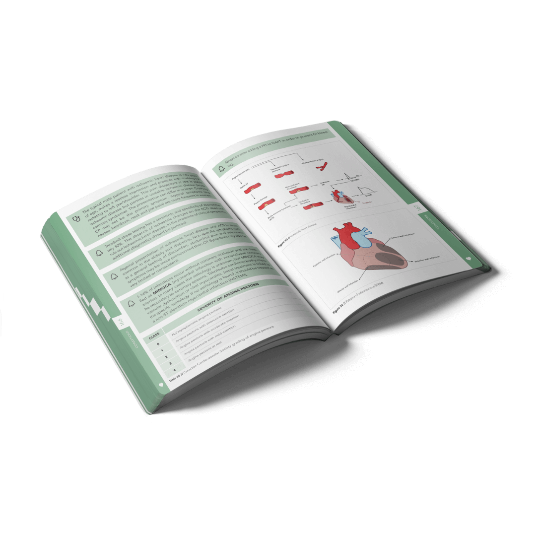 Open Cardiology book with clear layout, organised tables and illustrations
