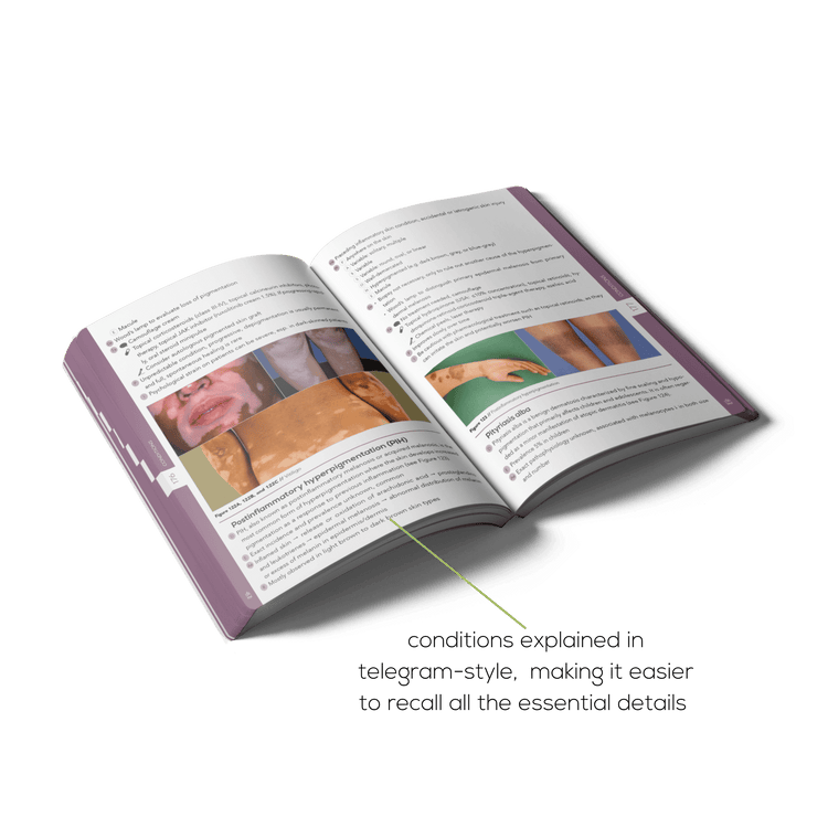 Open Dermatology book with medical conditions in telegram-style