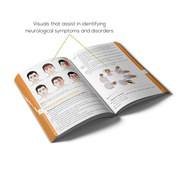 Open Neurology book with visuals to identify neurological symptoms and disorders