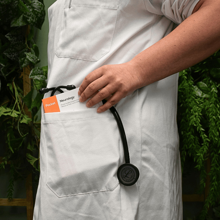 A doctor carrying the Pocket Neurology in their white coat pocket