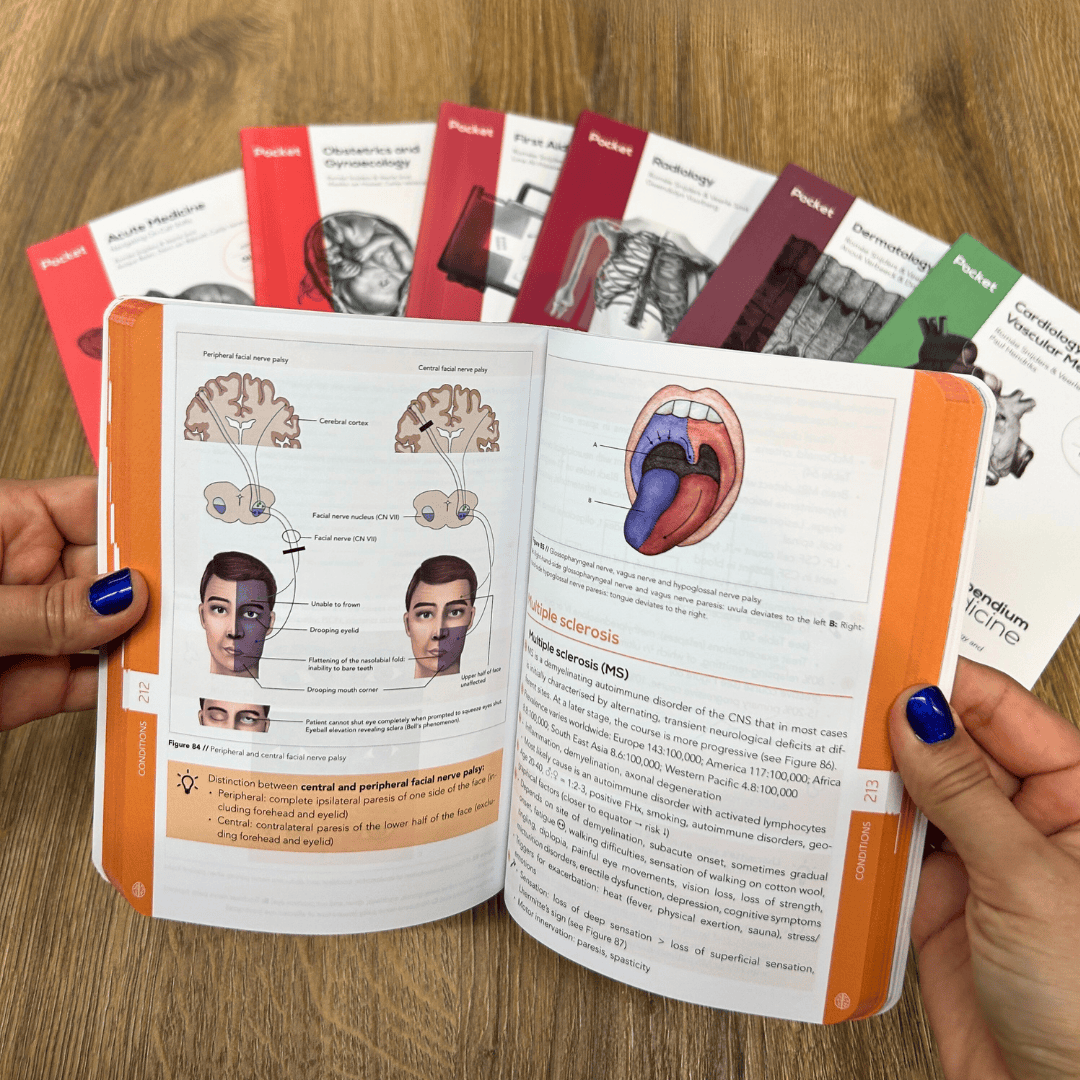 Open book with medical illustrations held by a person on a wooden surface