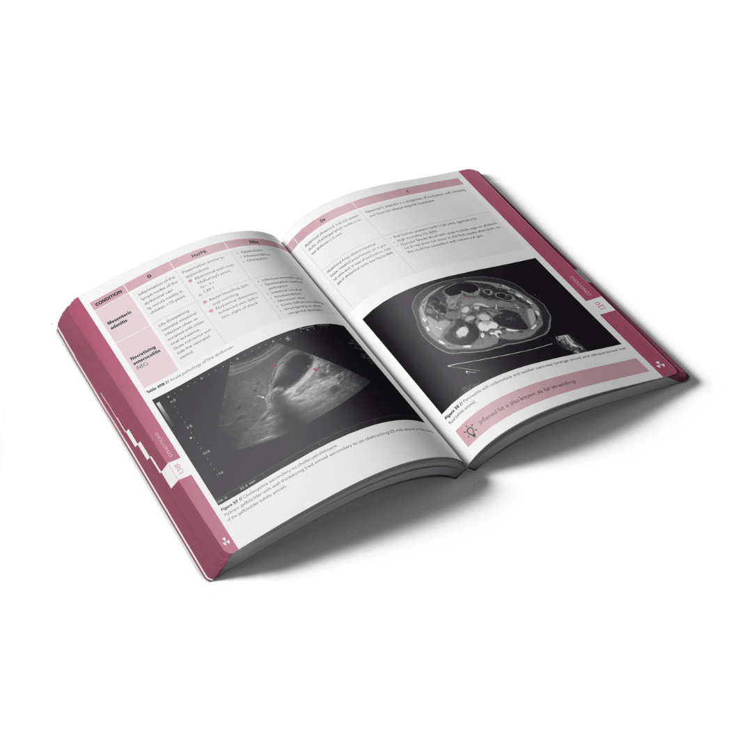 Open Radiology book with structured tables and visuals